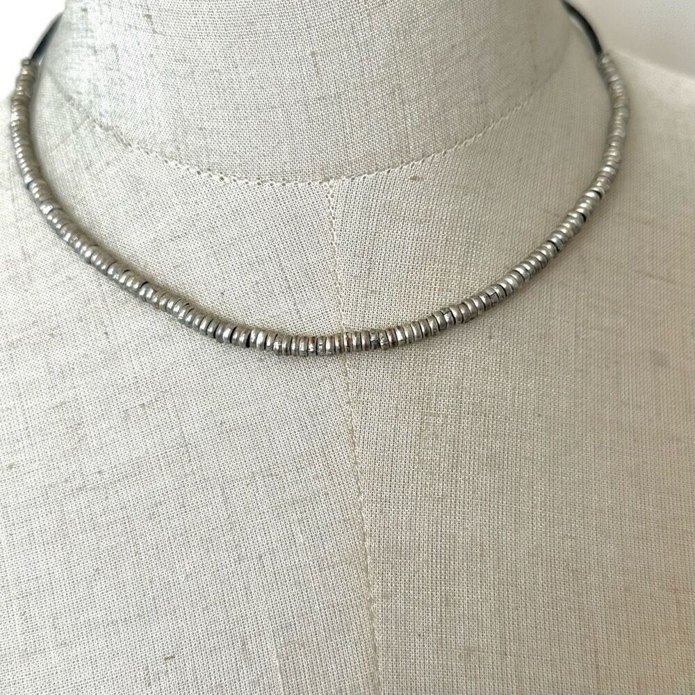 Canvas silver tone beaded necklace on black cord